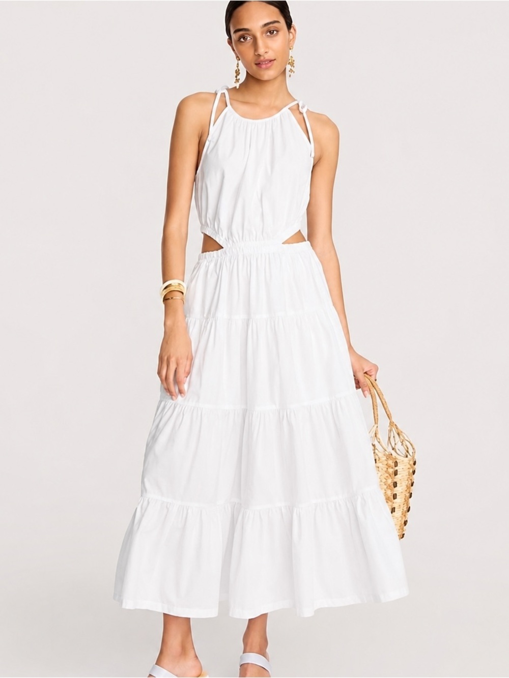 J.Crew Re-Imagined White Cotton Cutout Tiered Midi Dress Size S Pockets